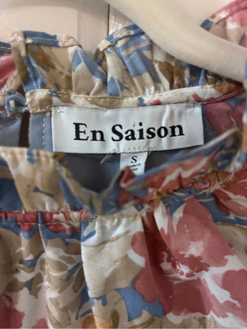 En Saison Floral Ruffle Neck Sleeveless Dress in Cream, Blue & Pink - Picture 2 of 4